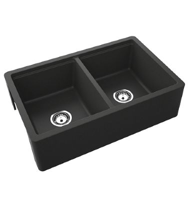 GRANMASTER TAPERED FARMHOUSE QUARTZ BELFAST BLACK METALLIC DOUBLE BOWL SINK (Reversible - Flat/Ribbed Front), GRA0085